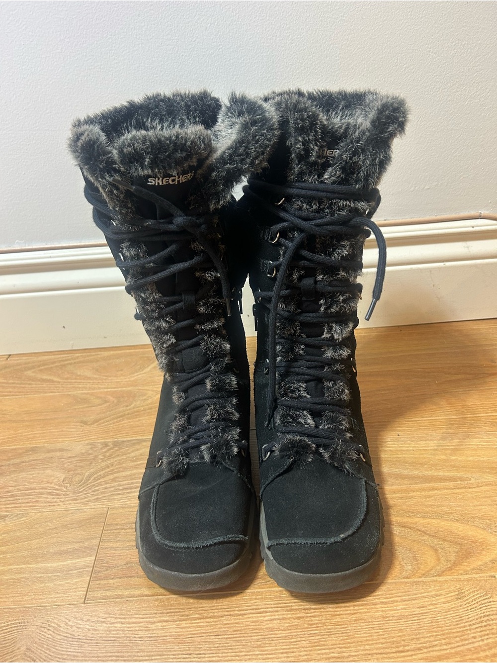 Skechers Black Suède Faux-Fur Lace-Up Tall winter Boots❤️9 - Picture 5 of 15